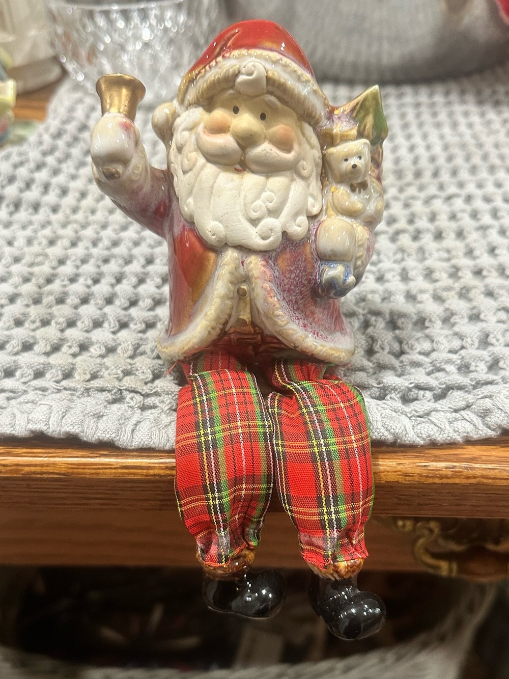 Vintage ceramic Festive Red Plaid Sitting Santa Holiday Figurine